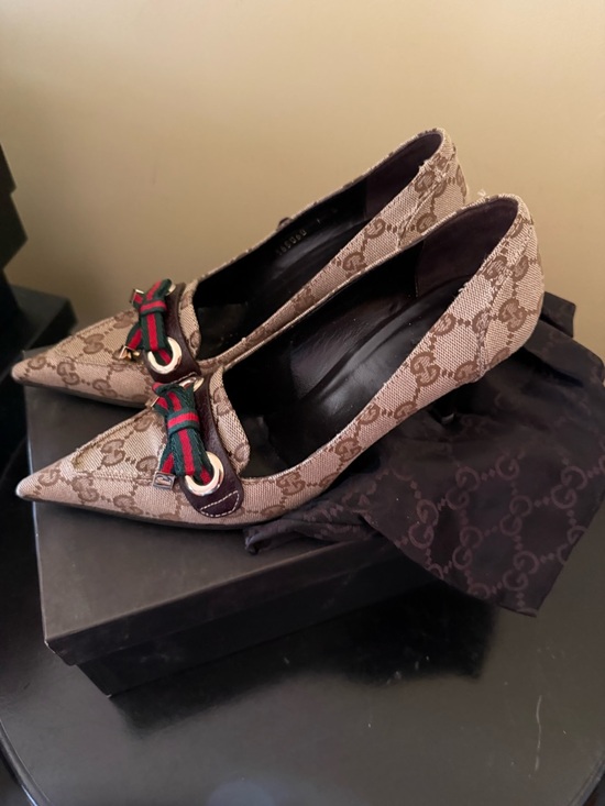 Gucci Shoes - Gucci Women's GG Canvas Pointed Toe Pumps in Brown